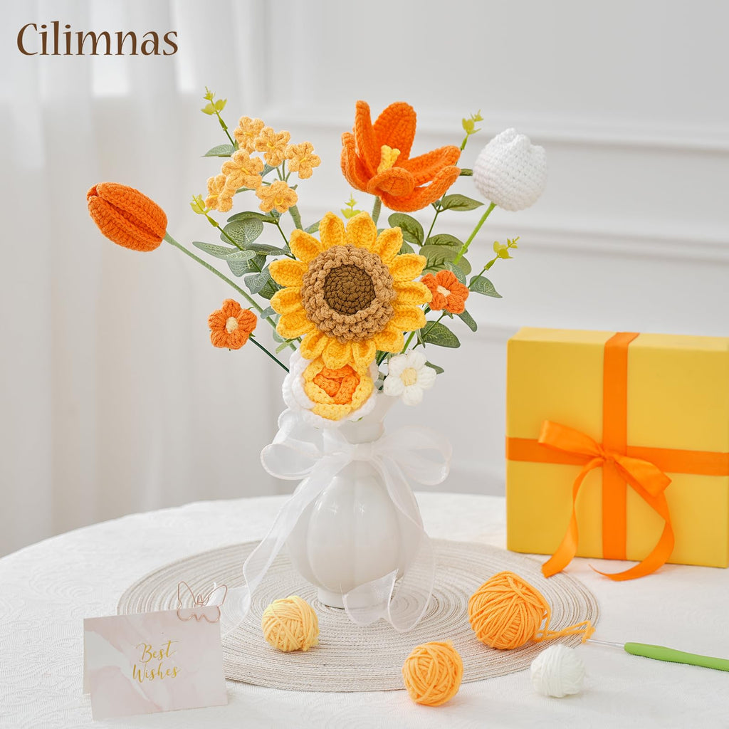 Rerp Crochet Flower Bouquet,Orange Knitted Flowers