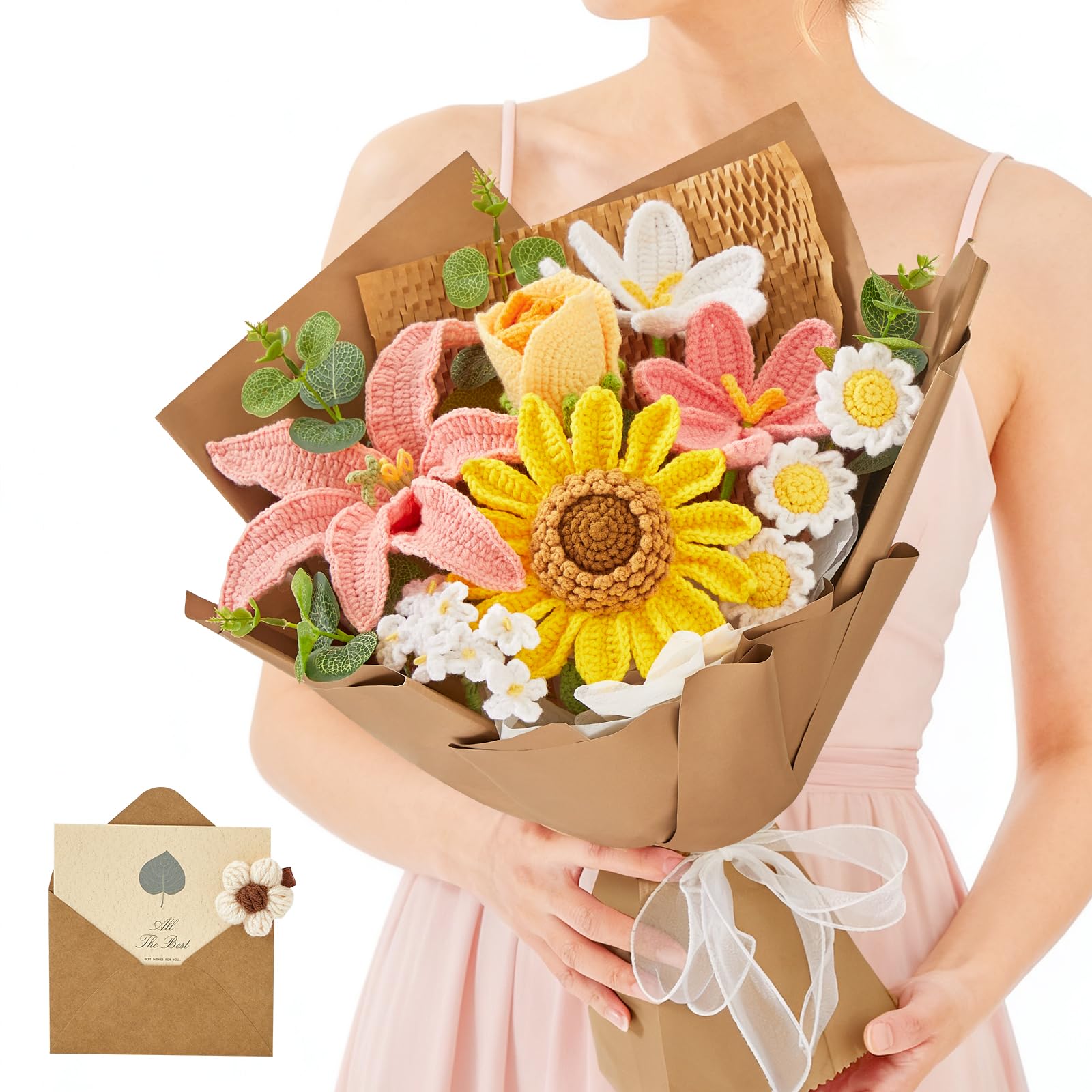 Rerp Crochet Flower Bouquet, Pink Knitted Flowers