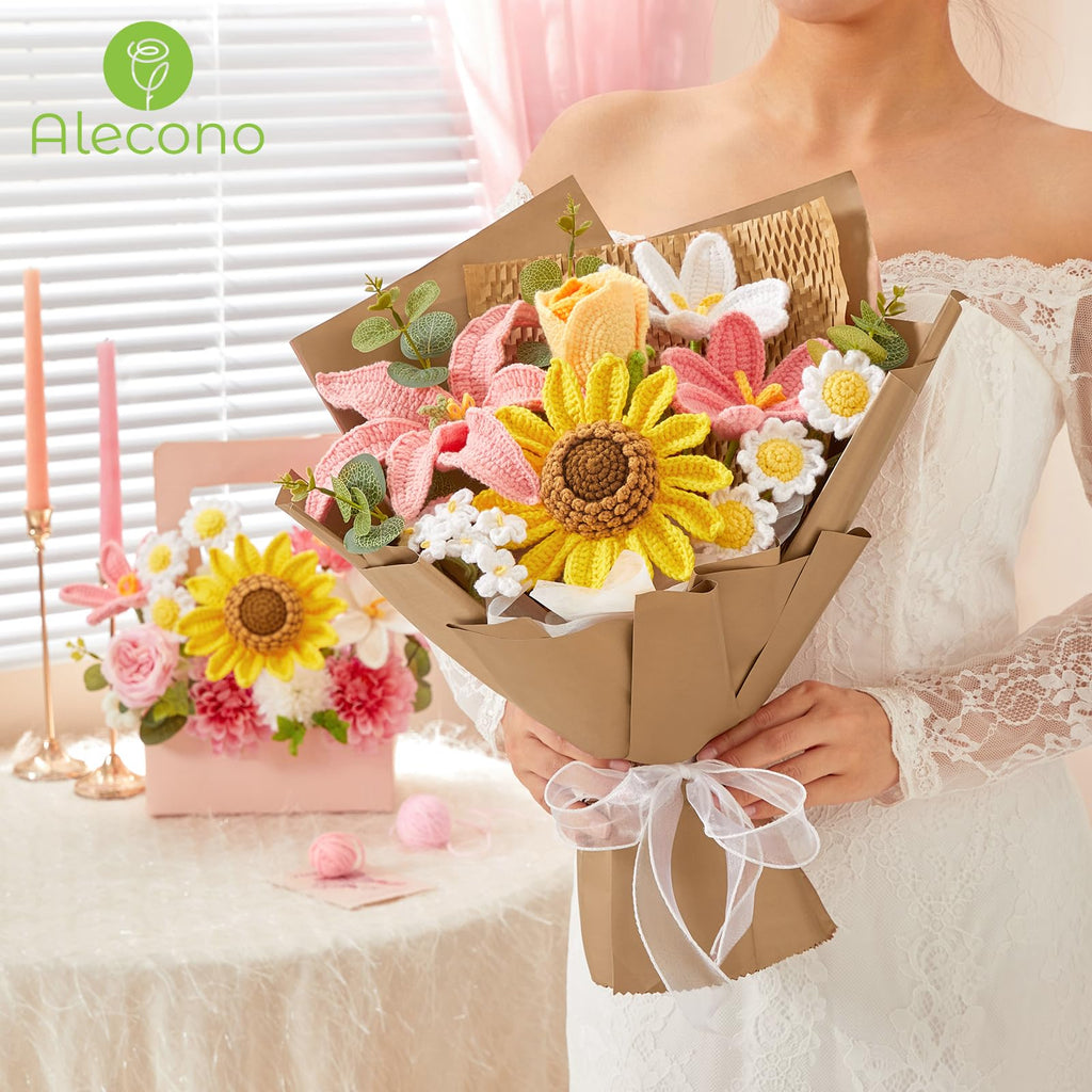 Rerp Crochet Flower Bouquet, Pink Knitted Flowers