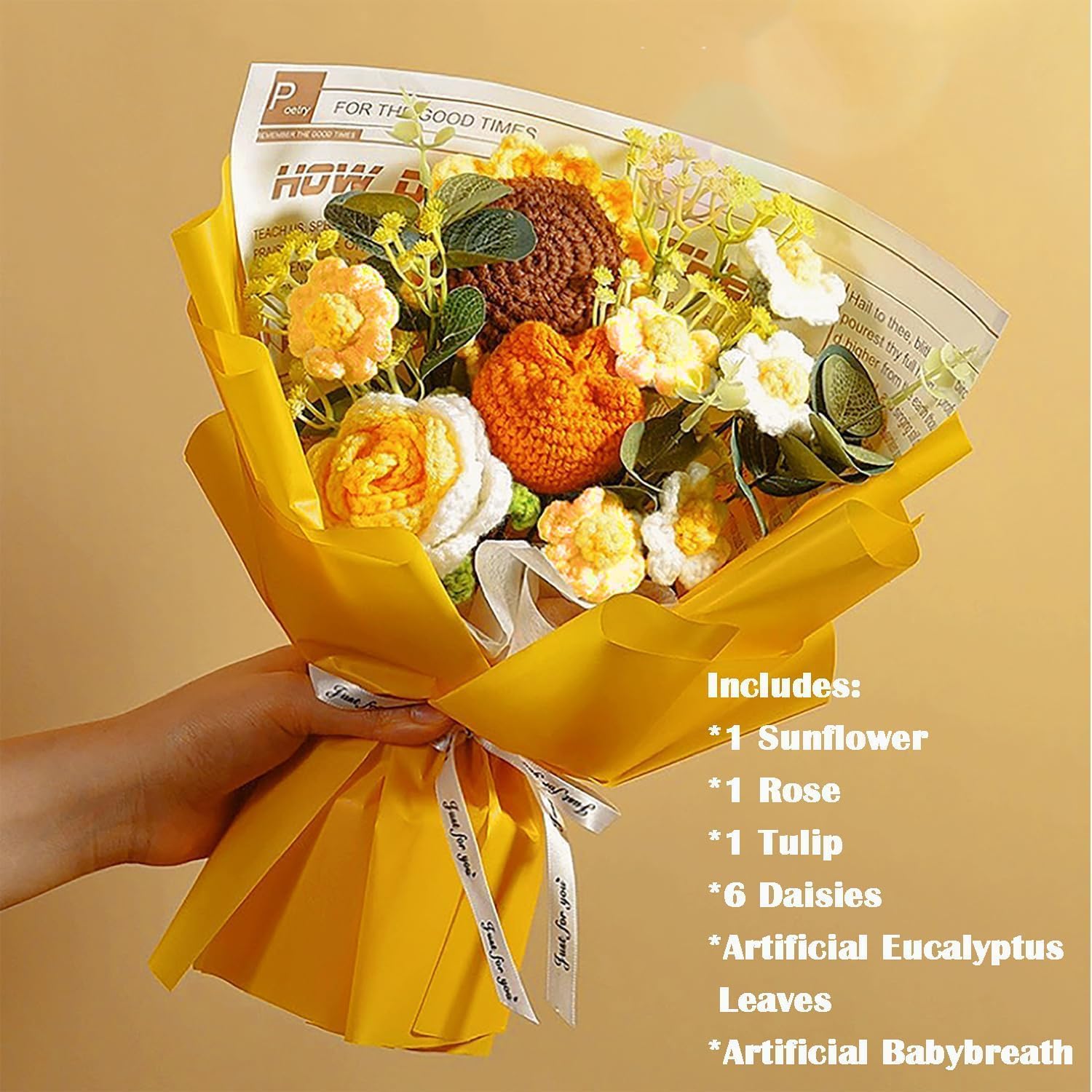 Rerp Handmade Knitted Sunflower Rose Tulip Puff Flower Bouquet