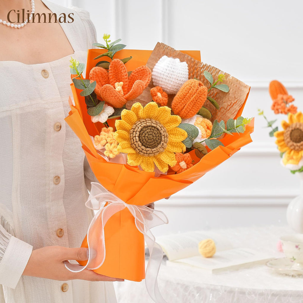 Rerp Crochet Flower Bouquet,Orange Knitted Flowers