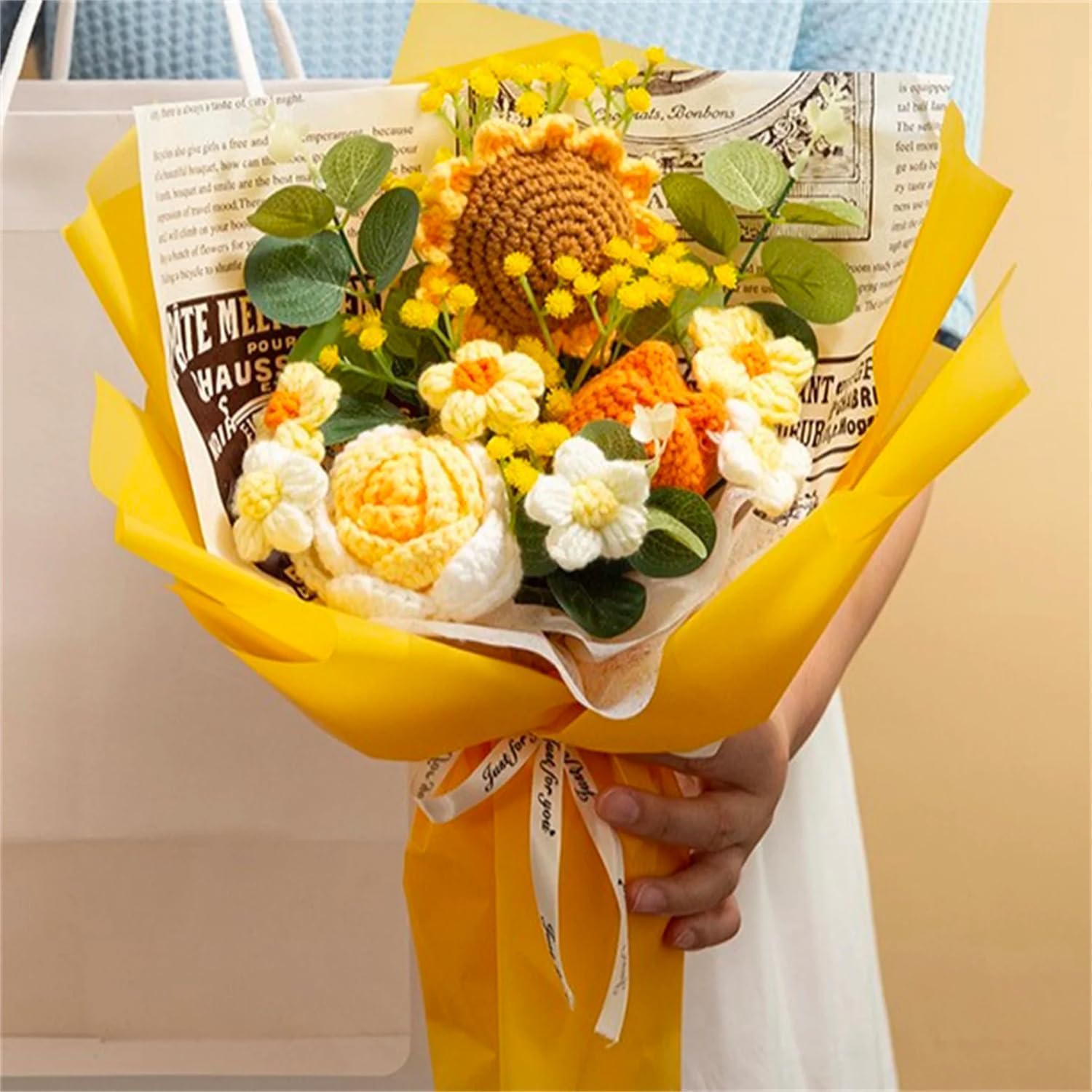 Rerp Handmade Knitted Sunflower Rose Tulip Puff Flower Bouquet