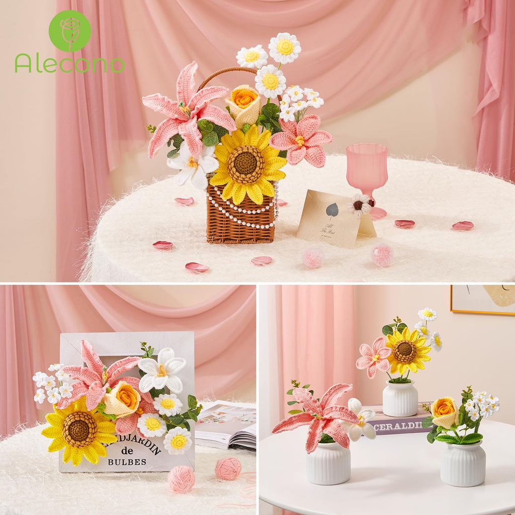 Rerp Crochet Flower Bouquet, Pink Knitted Flowers