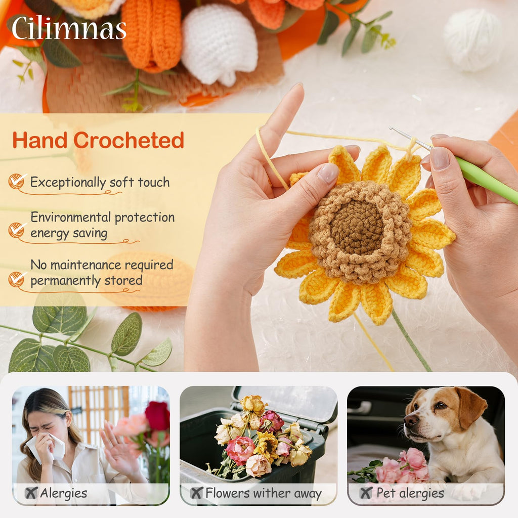 Rerp Crochet Flower Bouquet,Orange Knitted Flowers