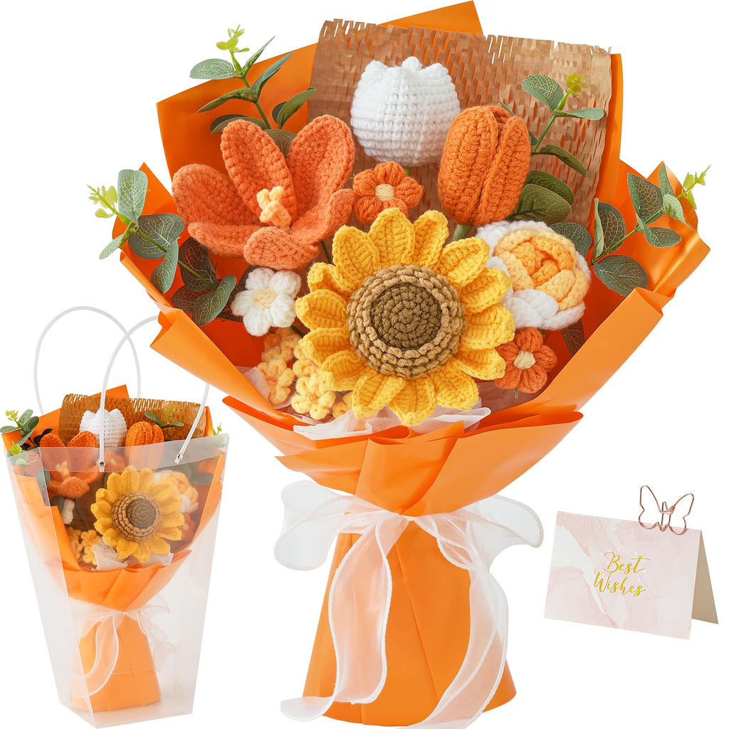 Rerp Crochet Flower Bouquet,Orange Knitted Flowers
