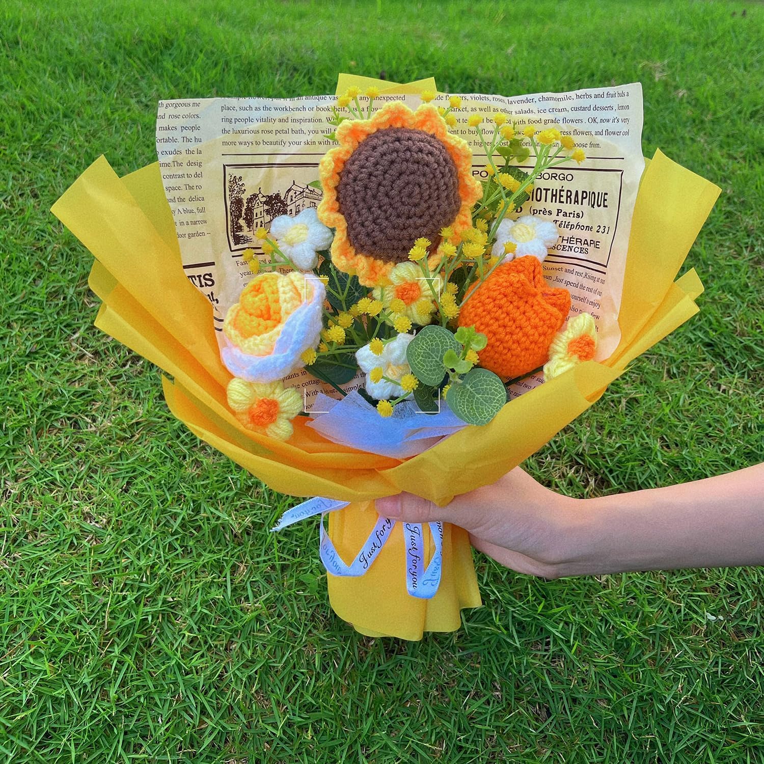 Rerp Handmade Knitted Sunflower Rose Tulip Puff Flower Bouquet