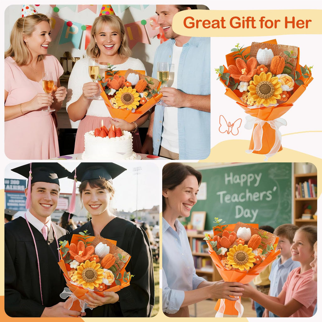 Rerp Crochet Flower Bouquet,Orange Knitted Flowers