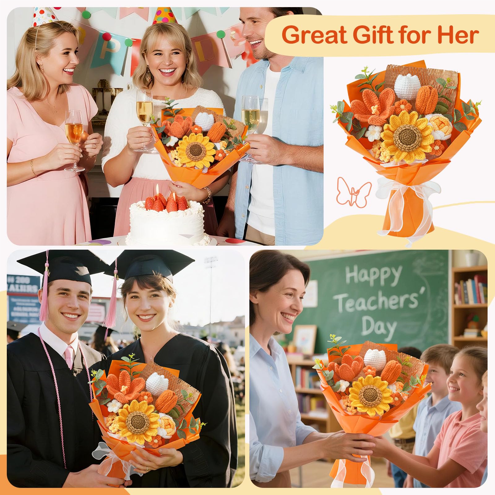 Rerp Crochet Flower Bouquet,Orange Knitted Flowers