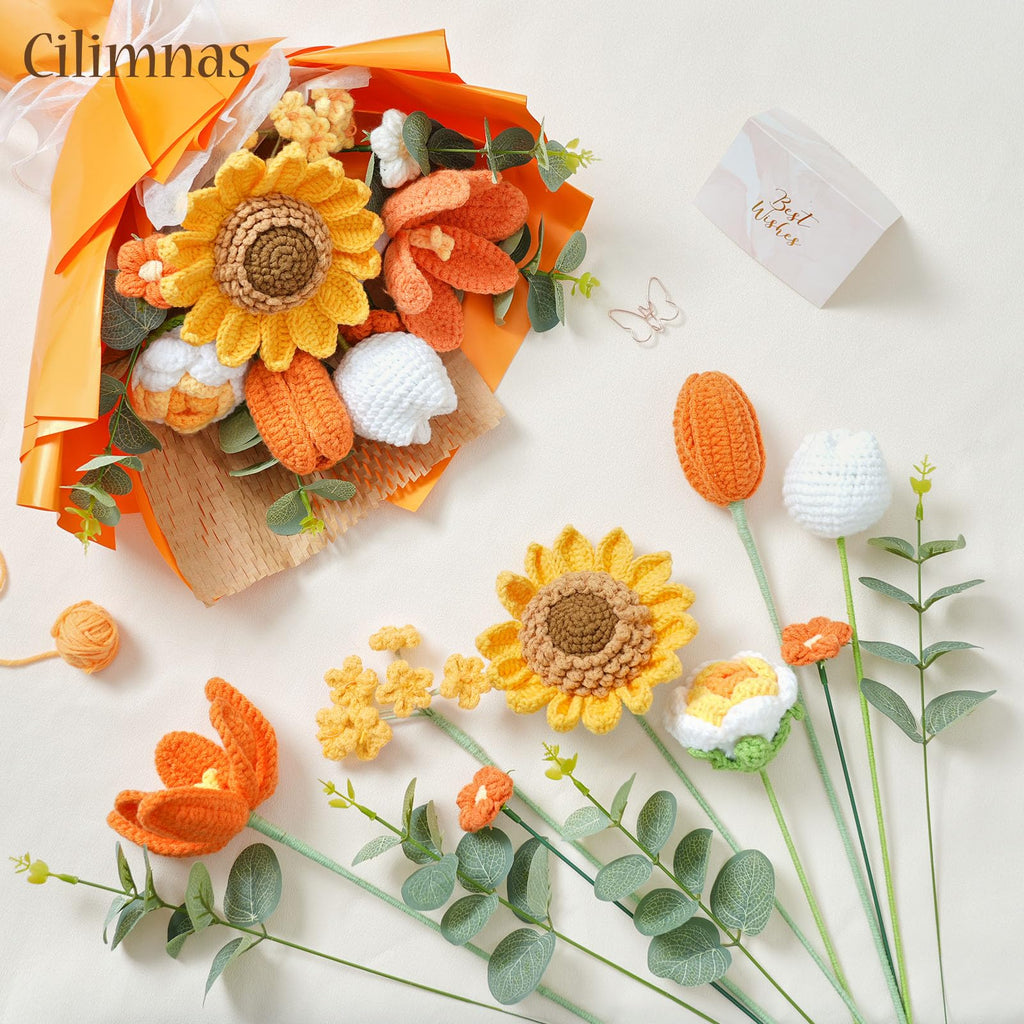 Rerp Crochet Flower Bouquet,Orange Knitted Flowers