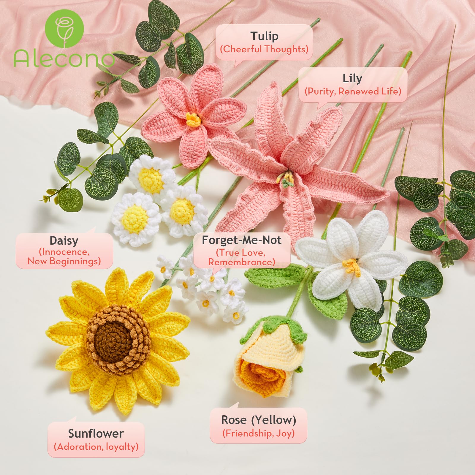 Rerp Crochet Flower Bouquet, Pink Knitted Flowers